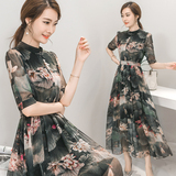 韩版2016印花雪纺时尚女装连衣裙新品中国风中长款中袖女打底裙