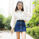 韩国夏季镂空刺绣蕾丝花朵性感长袖宽松上衣女灯笼袖白色衬衣包邮
