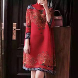 2016春季新款女装 中国风传统印花褶皱高领七分袖大码连衣裙