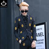 popfashion新款西服套装男士韩版修身蜜蜂单排扣西装男个性小西装