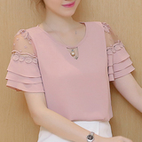 【天天特价】夏季新款韩版雪纺衫t恤女短袖蕾丝打底衫短款小衫