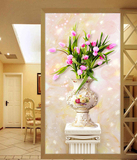立体3D玉雕郁金香壁纸花瓶罗马柱壁画玄关门厅过道背景墙装饰花卉