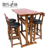 碳化色实木高脚桌椅组合 实木酒吧桌子 吧台椅高脚凳木质PU皮吧凳