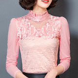 2016春装大码女装韩版长袖高领网纱蕾丝衫打底衫短款修身小衫薄款