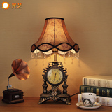 欧式温馨台灯卧室床头灯创意时尚现代客厅钟表复古布罩时钟灯具