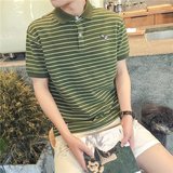 2016夏季男士短袖T恤翻领大码纯棉t桖有领韩版休闲宽松条纹体恤潮