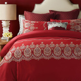 欧式大红色全棉婚庆四件套 美式新婚庆纯棉结婚床上用品六多件套