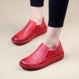 真皮红色单鞋平跟平底超舒适软底手工牛皮缝制休闲春秋女鞋懒人鞋