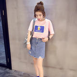 横条纹粉色中袖t恤女 短袖 韩范 修身可爱宽松韩版夏季学生打底衫