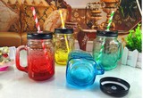 夏季饮品杯 奶茶店 创意彩色带盖水杯带吸管茶杯子饮品梅森玻璃瓶