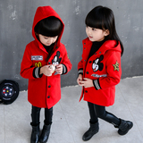 2016春装新款女童装7中长款6毛呢子3外套4连帽8韩版9岁呢大衣红色