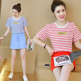 夏季韩范套装裙条纹圆领短袖T恤+高腰短裙两件套女宽松学生连衣裙