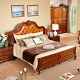 美式乡村全实木双人床1.8米 欧式卧室软包靠背真皮床
