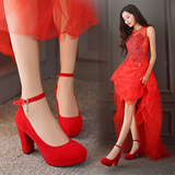 婚鞋红色2016新款中跟孕妇结婚鞋女高跟新娘鞋大小码粗跟婚礼红鞋