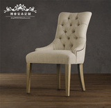 美式古典复古实木皮艺做旧麻布布艺拉扣时尚单人扶手椅椅子餐椅