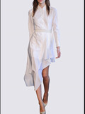 2016秋装新款欧美时尚长袖修身显瘦不规则白色衬衫连衣裙女中长款