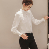 2016韩版时尚百褶复古白色衬衣 个性褶皱立领长袖衬衫女 修身显瘦