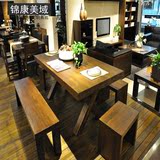 美式复古纯实木长凳餐桌椅组合北欧原木会议办公桌大班台客厅茶几