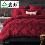 鑫山家纺美式1.8m床单式六件套床上用品纯棉大红色欧式婚庆四件套