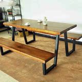 loft美式铁艺实木复古餐桌椅组合 一体桌椅整装桌椅 长形桌长椅子