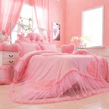 韩式家纺公主婚庆四件套蕾丝花边床裙粉色床上用品1.8米床1.5m