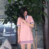 [Surblue]粉色系学院风条纹polo领针织T恤连衣裙