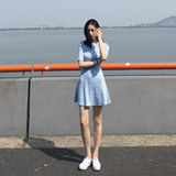 [Surblue]韩版学院风紧身纯色圆领套头短袖针织连衣短裙