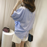 2016夏季新款韩版宽松大码条纹衬衫蝙蝠袖立领中袖时尚百搭衬衣女
