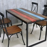 美式铁艺实木桌椅组合小户型餐厅饭店长条复古餐桌长方形彩色饭桌