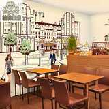 欧式建筑大型壁画奶茶店面包店茶餐厅壁纸3D立体个性手绘素描墙纸
