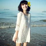 韩版女装春装新款150cm显高娇小矮个子加小码XS沙滩裙勾花连衣裙