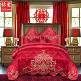 婚庆四件套大红色 全棉刺绣贡缎被套中式床单双人床上 结婚多件套