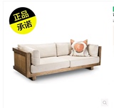LOFT美式复古实木沙发椅 铁艺实木三人沙发 做旧软皮沙发组合椅子