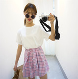 夏季新款女装韩版小清新系带拼接格子裙短袖原宿风学生连衣裙显瘦