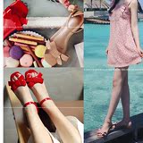 16新款夏季凉鞋女 真皮平跟红色女鞋子 韩版甜美蝴蝶结漆皮平底鞋