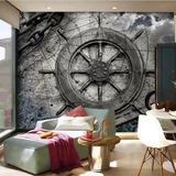 复古抽象黑白航海舵盘艺术壁画工业风装修壁纸客厅卧室背景墙墙纸