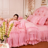韩式公主风床裙式四件套 蕾丝花边粉色韩国结婚庆床上用品1.8m床