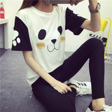 夏季韩版卡通女打底衫女印花熊猫可爱宽松短袖t恤女学生半袖体恤