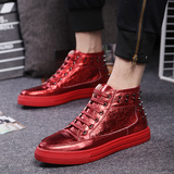 新款男鞋韩版红色漆皮系带板鞋男士个性高帮鞋真皮发型师休闲潮鞋