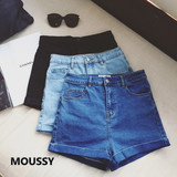 日本代购moussy 16夏季高腰水洗卷边口袋弹力牛仔显瘦热裤短裤女