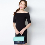 夏季新款一字领中袖包臀紧身性感黑色连衣裙五分袖短裙女上衣韩版