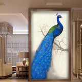 美式蓝孔雀油画玄关走廊过道背景墙墙纸 新中式墙纸壁画装饰画