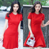 2016夏季新款女装 韩版高腰修身显瘦红色荷叶边鱼尾A字连衣裙女