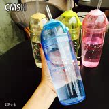 吸管杯子成人水杯创意学生水瓶透明塑料杯韩国简约便携带盖随手杯