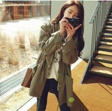 2016春秋韩国女装韩版工装风衣中长款宽松休闲抽绳收腰军绿色外套