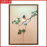 纯手绘现代中式油画水墨工笔花鸟装饰画玄关餐厅单幅有框挂画竖版