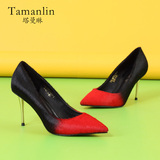TAMANLIN2016秋季新款尖头高跟鞋细跟单鞋欧美时尚拼色马毛女鞋潮