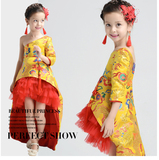 新款儿童演出服幼儿主持人礼服蓬蓬裙女童传统服饰中国风拖尾旗袍