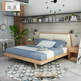 现代北欧纯实木床简易1米8布艺双人靠背原木床宜家卧室家具小户型