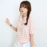 2016韩版夏季女装新款海魂衫休闲格子短袖衬衫女宽松蝙蝠袖上衣